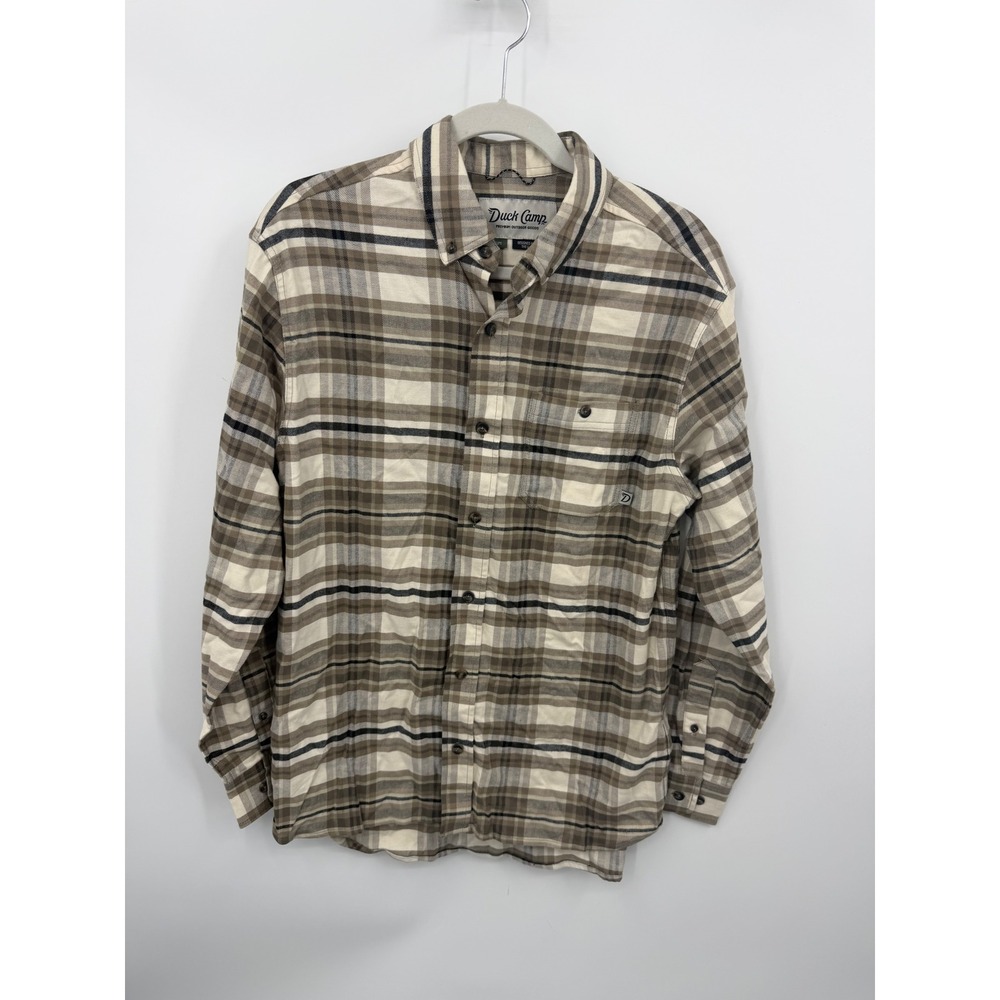 Duck Camp Plaid Button Down Shirt Mens Medium Brown Tan Stretch Outdoor Field